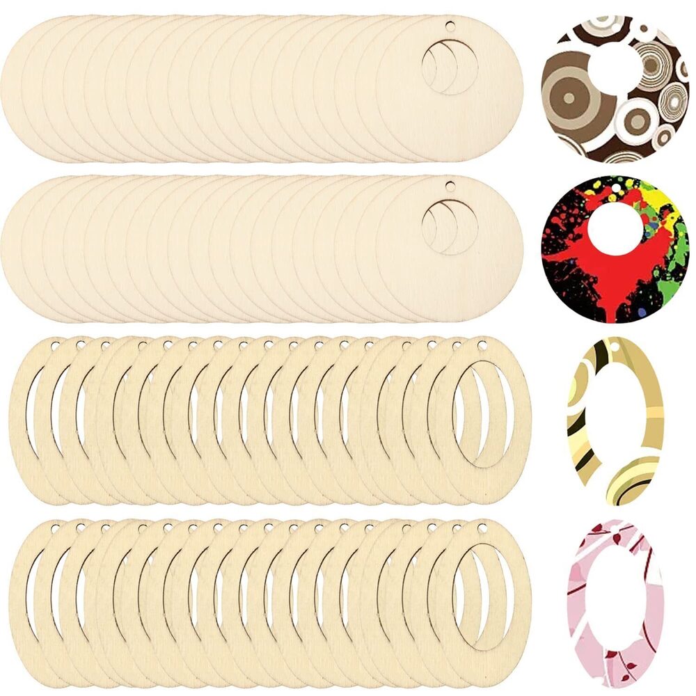 3053 100 PCS Round Oval Wood Pieces Earring Pendant Geometric Hollow Wooden